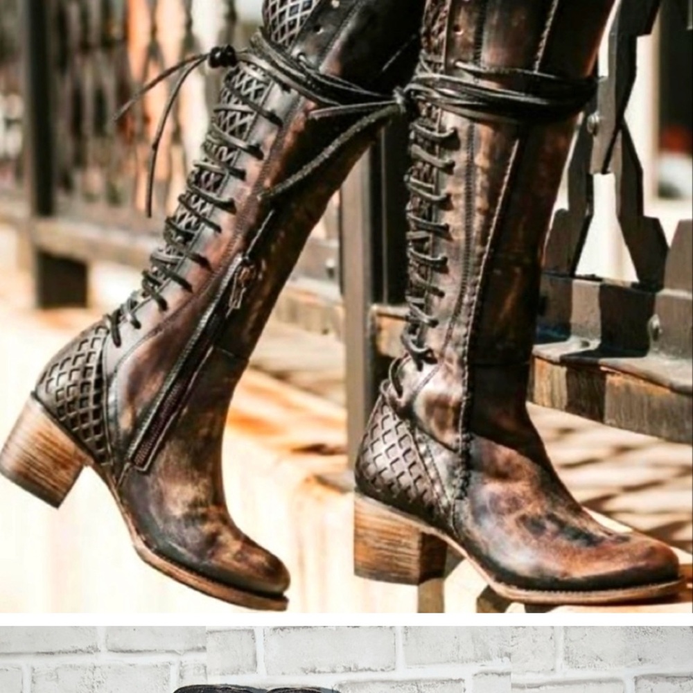 Women's Distressed Brown Lace-Up Mid-Calf Boots